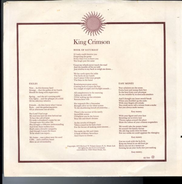 USプレスLP！King Crimson / Larks' Tongues In Aspic【Atlantic / SD 7263】キング・クリムゾン 太陽と戦慄 Bill Bruford イエス プログレの画像3
