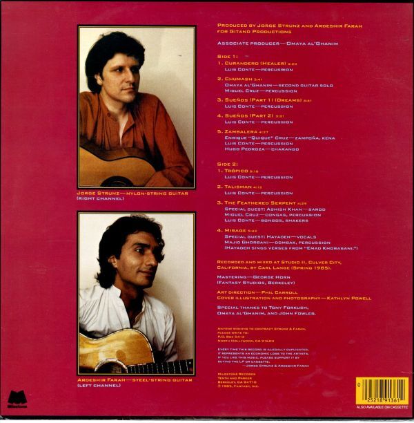 USオリジLP！ Jorge Strunz & Ardeshir Farah / Guitarras 85年【Milestone / M-9136】 ギターデュオ Luis Conte Caldera Zambalera_画像3