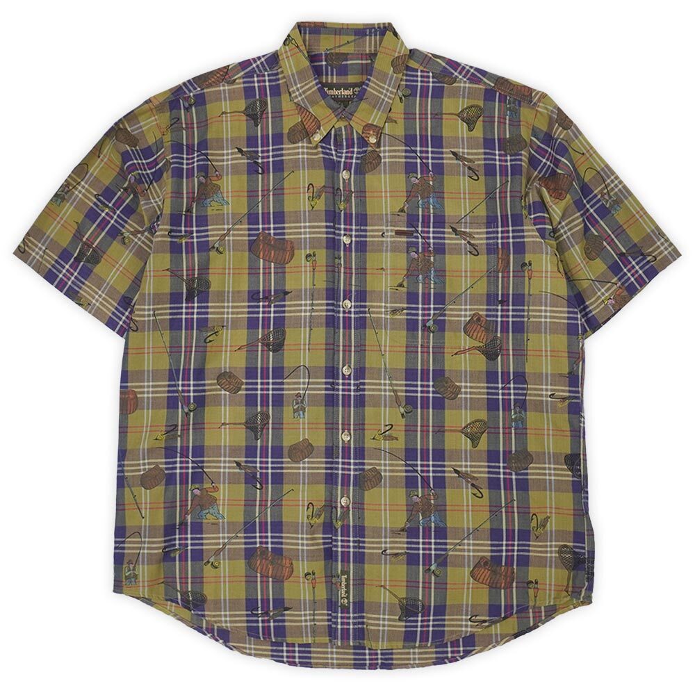 未使用 デッドストック 90s ティンバーランド Timberland 総柄 ボタンダウンシャツ 半袖 フィッシング (-1884) ブラウン系 L_画像1