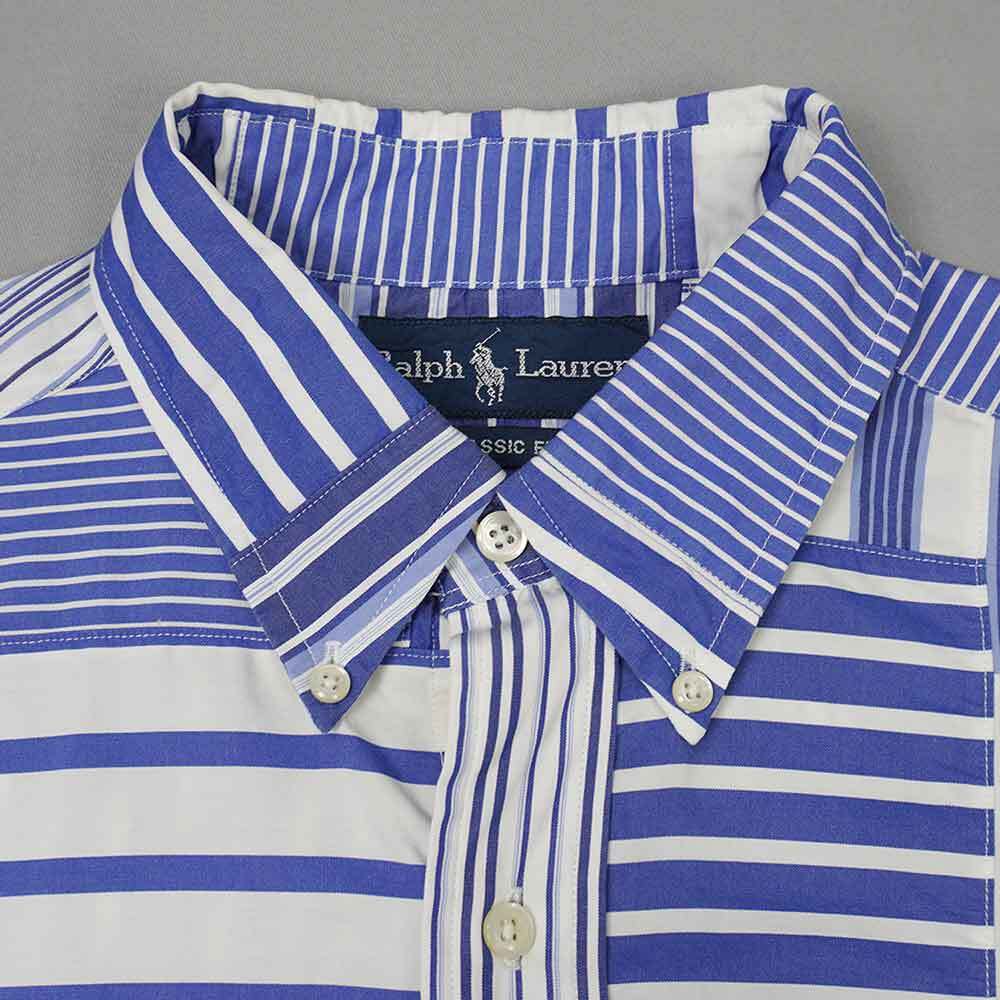 ポロラルフローレン POLO RALPH LAUREN 90s パッチワーク BDシャツ ストライプ (-1913) ブルー×ホワイト 15 1/2 Mサイズ相当_画像3