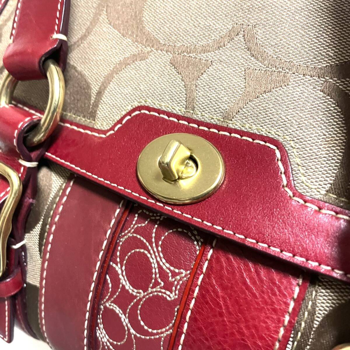 1円スタート！ 未使用保管品 COACH コーチ シグネチャー キャンバス レザー トートバッグ ショルダーバッグ レッド系 レディース _画像8