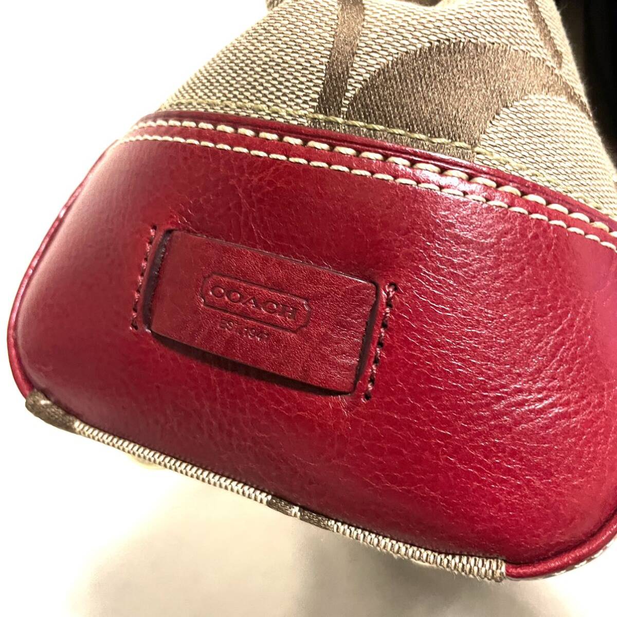 1円スタート！ 未使用保管品 COACH コーチ シグネチャー キャンバス レザー トートバッグ ショルダーバッグ レッド系 レディース _画像6