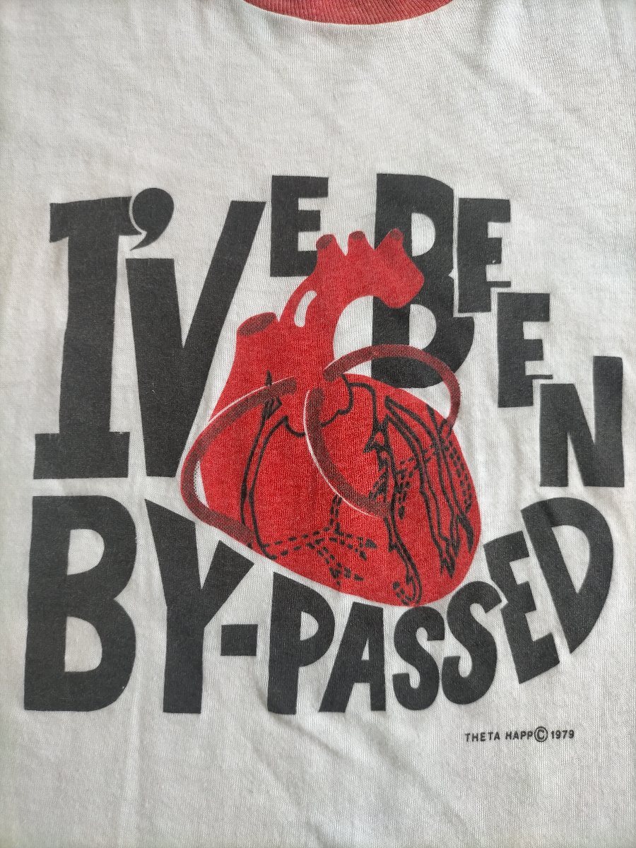 70s USA製 ビンテージ I'VE BEEN BY-PASSED 心臓 トリムTシャツ size-M程度 ★リンガーアメカジ古着臓器_画像5