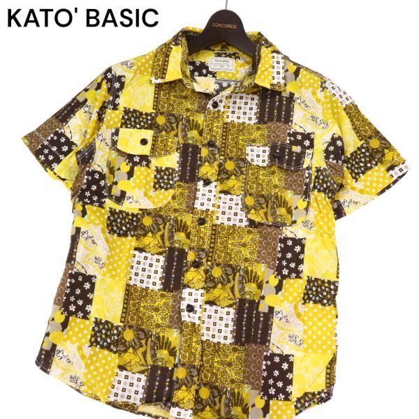 KATO' BASIC カトー 春夏 パッチワーク風★ 花柄 ドット 総柄 半袖 ワーク シャツ Sz.S　メンズ　I4T01573_4#A_画像1