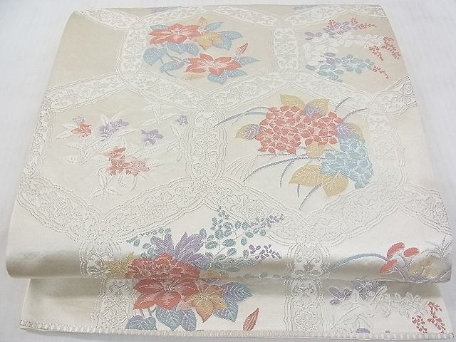 平和屋2◎六通柄袋帯　草花文　銀糸　逸品　DAAA6637ya_画像1