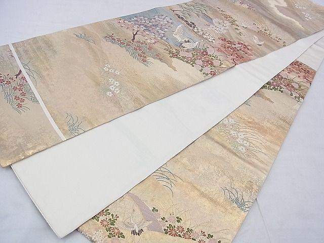 平和屋野田店◎六通柄袋帯 唐織 群鶴風景文 金糸 逸品 BAAD3125phの画像3