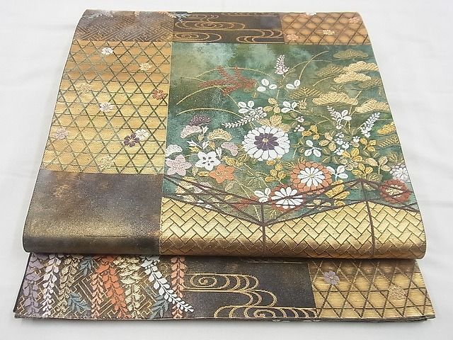 平和屋野田店◎六通柄袋帯　唐織　吉祥秋草文　金糸　逸品　BAAD1352vj_画像1