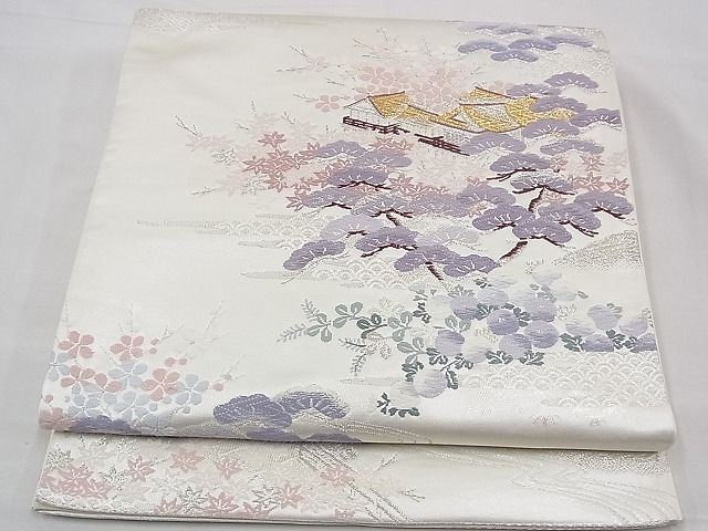 平和屋野田店◎六通柄袋帯　唐織　風景草花文　金銀糸　逸品　BAAD3086fk_画像1