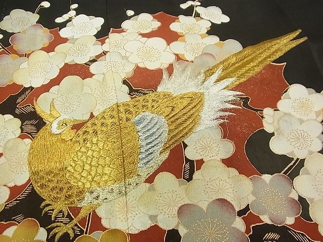  flat peace shop 1# gorgeous kurotomesode embroidery tail length bird branch flower writing gold paint excellent article CAAC4135vf