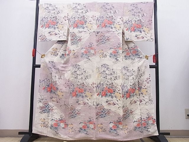 平和屋野田店■訪問着　流水鴛鴦花文　鬼しぼ縮緬　逸品　BAAD1546gh_画像2