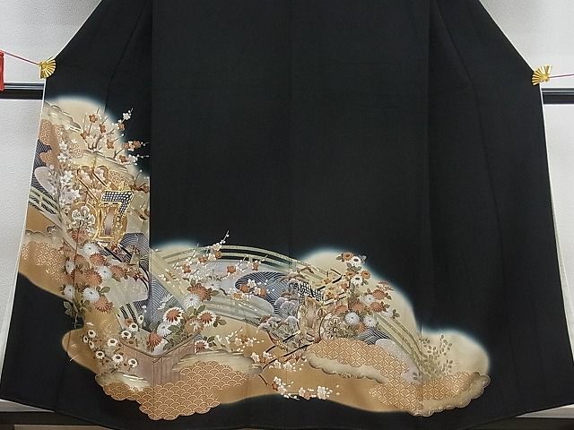 平和屋野田店■豪華黒留袖　駒刺繍　御所車梅花文　暈し染め　金彩　逸品　BAAD0582mz_画像3