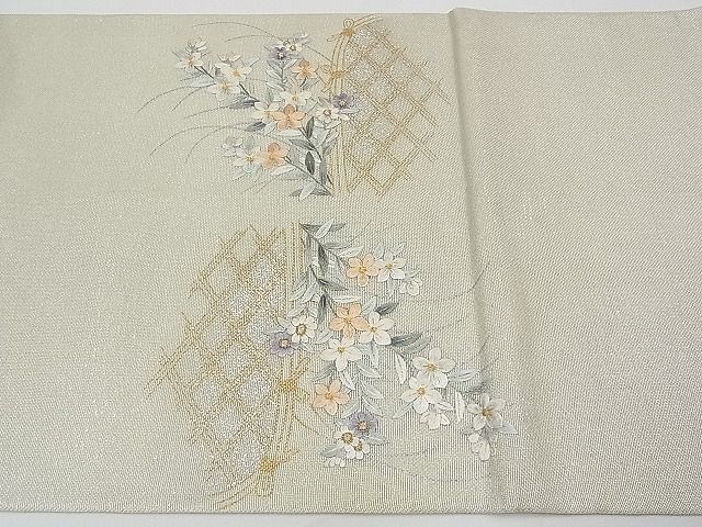  flat peace shop 1# summer thing futoshi hand drum pattern double-woven obi .. embroidery . good embroidery . flower writing gold silver . excellent article CAAB4289tx