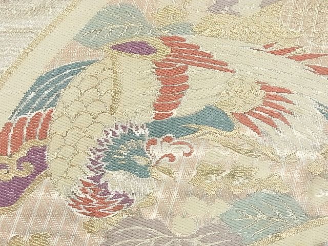  flat peace shop Noda shop #1 jpy double-woven obi west . together 100 point phoenix direction . crane .. butterfly musical instruments .. floral print regular .. Saga . gold silver thread unused goods equipped all silk mmm379