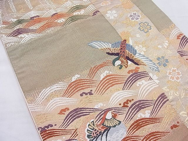 平和屋野田店◎六通柄袋帯　流水鴛鴦枝垂れ桜文　金糸　逸品　BAAD0833ea_画像2