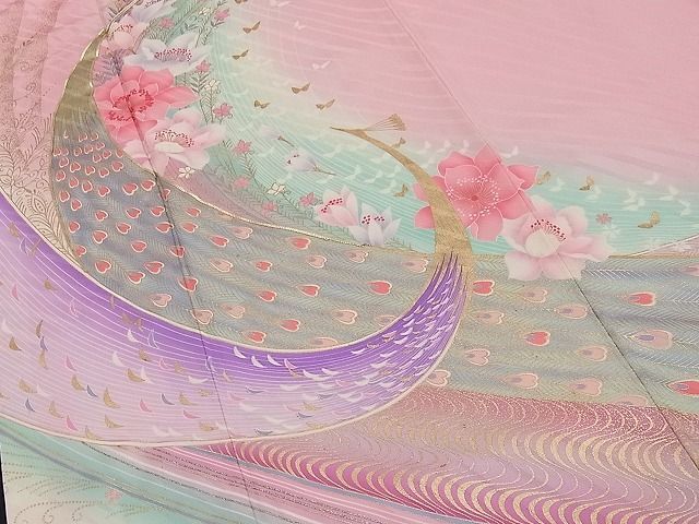 平和屋野田店■豪華振袖　駒刺繍　孔雀花蝶文　暈し染め　金彩　逸品　BAAD0940yc_画像4