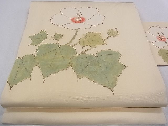 平和屋1◎塩瀬　九寸名古屋帯　手描き　草花文　逸品　CAAB3190dx_画像1