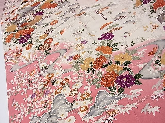  flat peace shop 1# gorgeous long-sleeved kimono . water pine bamboo plum scenery flower writing gold silver . excellent article CAAC7148ng