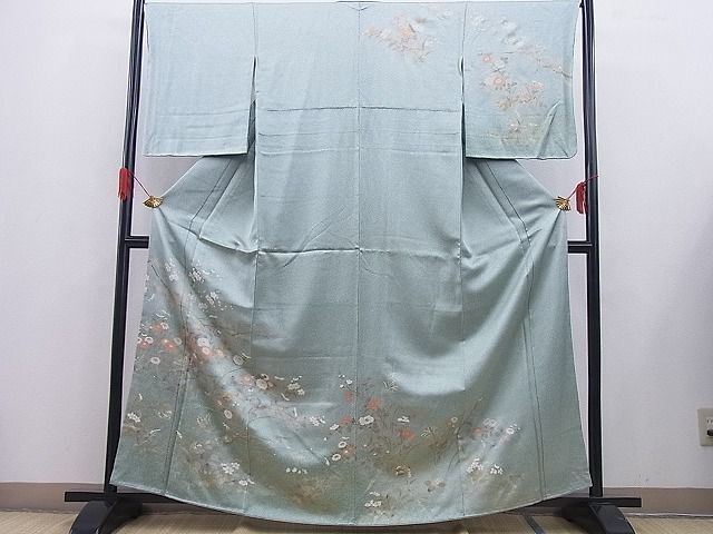 平和屋野田店■訪問着　流水鴛鴦花文　たたき染め　金彩　逸品　BAAD3545gh_画像1