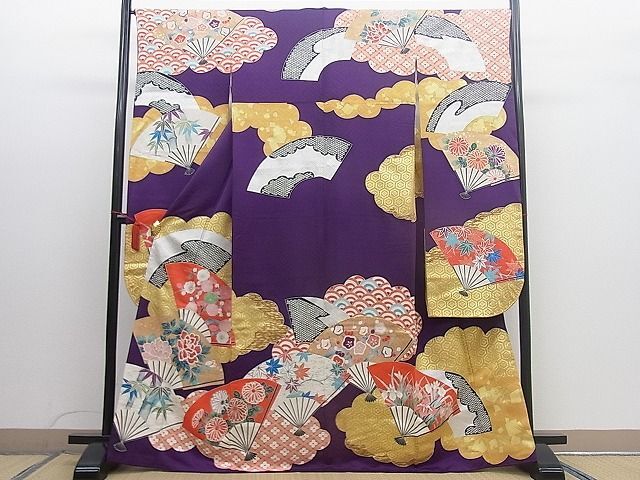 平和屋野田店■豪華振袖　作家物　駒刺繍　扇面枝梅牡丹花文　金彩　逸品　BAAD6232mz_画像1