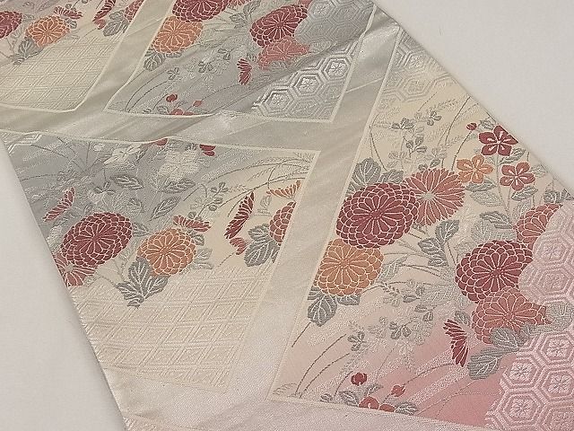 平和屋1◎六通柄袋帯　唐織　檜垣秋草文　銀糸　逸品　CAAB7137ku_画像2