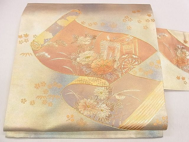 平和屋1◎九寸名古屋帯　駒刺繍　絵巻御所車花文　金彩　逸品　CAAB4641eg_画像1