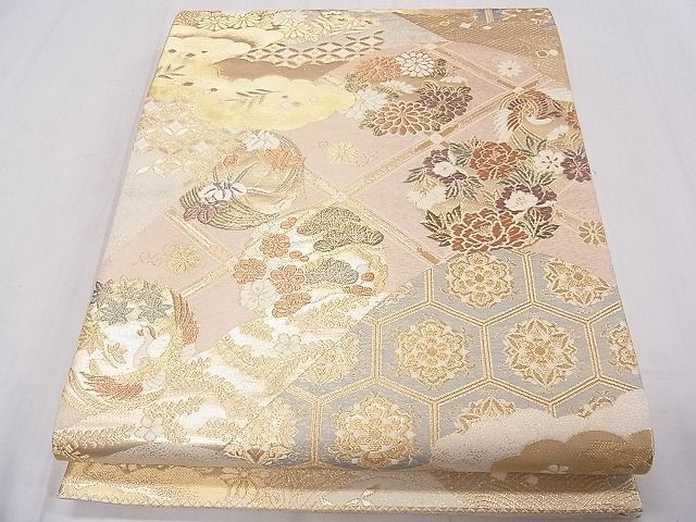 平和屋1◎六通柄袋帯　唐織　遠山花丸小袖文　金糸　逸品　CAAB0547fb_画像1