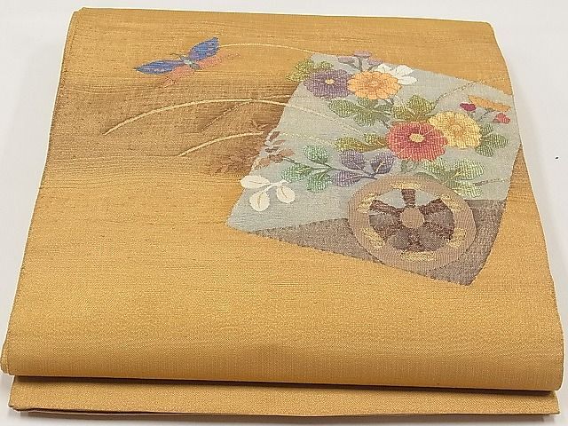 平和屋1◎太鼓柄袋帯　すくい織り　色紙花車舞蝶文　金糸　逸品　CAAB7037ca_画像1