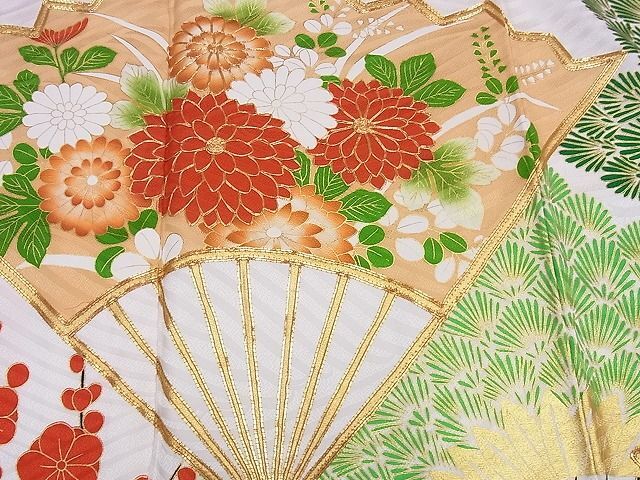  flat peace shop 1# gorgeous long-sleeved kimono piece embroidery fan paper pine plum writing gold paint excellent article CAAB1742ev