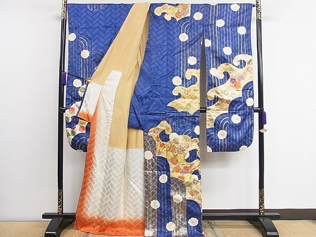  flat peace shop 1# gorgeous long-sleeved kimono piece embroidery . wave flower writing gold paint excellent article CAAA6471ap
