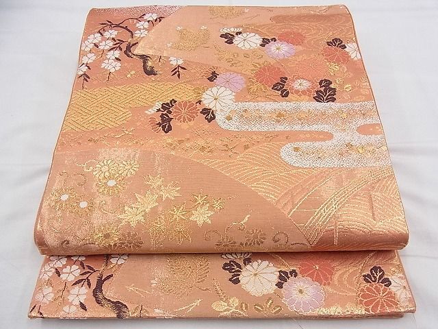 平和屋野田店◎六通柄袋帯　唐織　エ霞花鳥唐草文　金糸　逸品　BAAD2771du_画像1