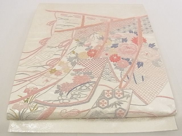 平和屋-こころ店■中国三大刺繍　総相良刺繍　総刺繍　袋帯　几帳吉祥花文　正絹　逸品　AAAF0159Aaz_画像1