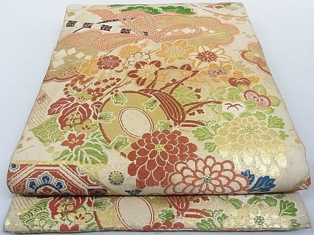 平和屋-こころ店◎アンティーク　大正ロマン　丸帯　楽器花文　金糸　正絹　逸品　AAAE1887Ajz_画像1