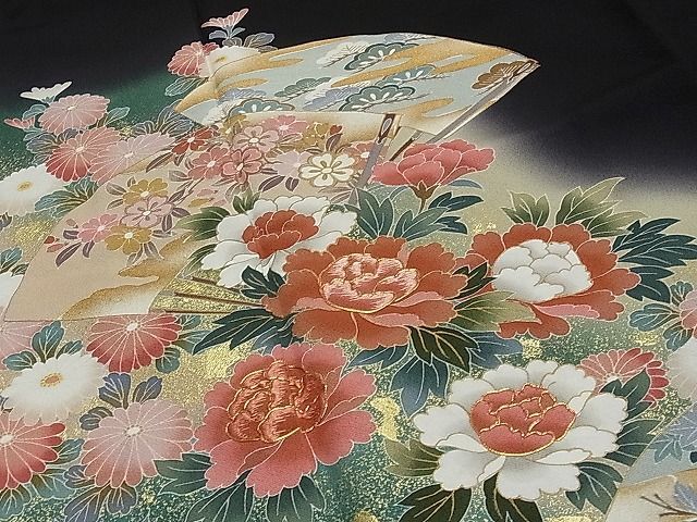  flat peace shop 1# gorgeous kurotomesode author thing piece embroidery fan paper .. flower writing .. dyeing gold paint excellent article CAAB3592gh