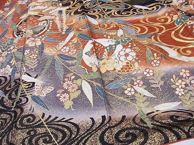  flat peace shop 1# gorgeous long-sleeved kimono piece embroidery . water flower butterfly circle writing .. dyeing gold paint excellent article CAAB3994hy