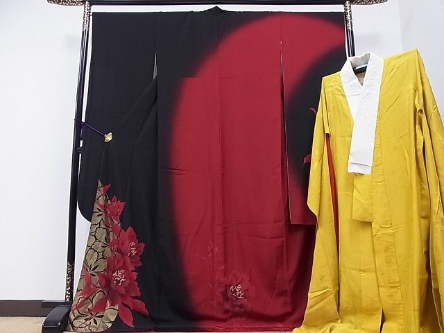  flat peace shop 1# gorgeous long-sleeved kimono * long kimono-like garment set branch flower writing .. dyeing gold paint neckpiece embroidery excellent article CAAB3972hy