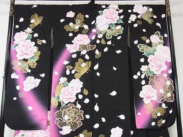  flat peace shop 2# gorgeous long-sleeved kimono piece embroidery PRINCESS FURISODE Mai butterfly flower writing rose black ground .. dyeing gold paint gold through . ground excellent article DAAB8348ps