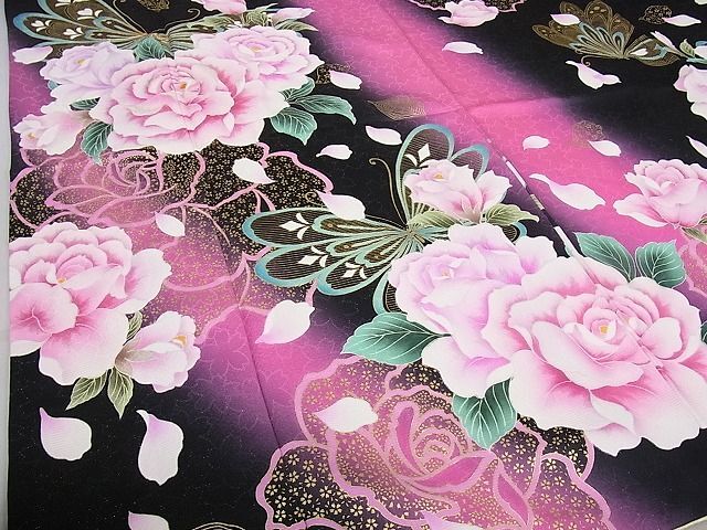  flat peace shop 2# gorgeous long-sleeved kimono piece embroidery PRINCESS FURISODE Mai butterfly flower writing rose black ground .. dyeing gold paint gold through . ground excellent article DAAB8348ps