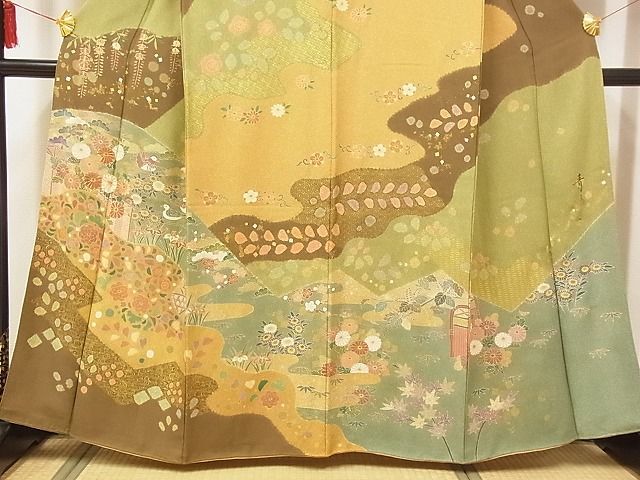 平和屋-こころ店■京友禅の第一人者　松井青々　訪問着　駒刺繍　風景鴛鴦花文　金銀彩　正絹　逸品　AAAD4549Ata_画像3