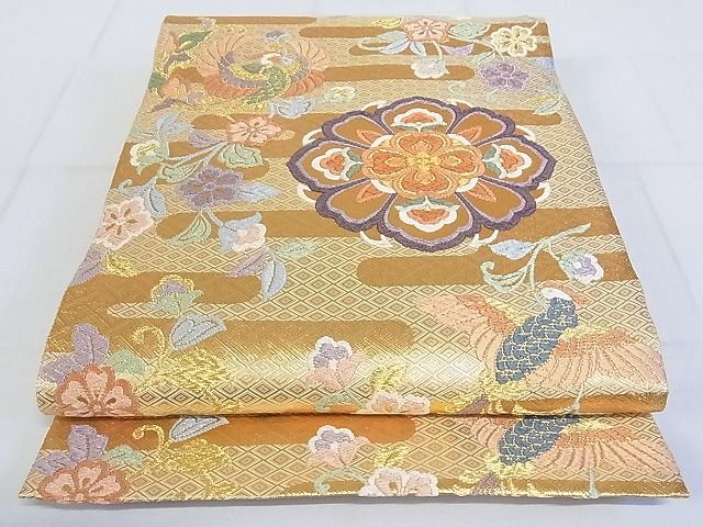 平和屋-こころ店■佐賀錦　六通柄袋帯　唐織　花鳥文　金糸　正絹　逸品　未使用　AAAF1206Bjd_画像1