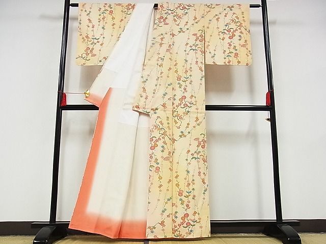 平和屋-こころ店■上質な小紋　舞扇枝花文　暈し染め　正絹　逸品　AAAE3762Bzg_画像2