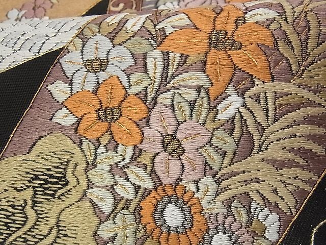 平和屋-こころ店■総刺繍　袋帯　流水草花文　黒地　金糸　正絹　逸品　AAAF0135Aaz_画像4