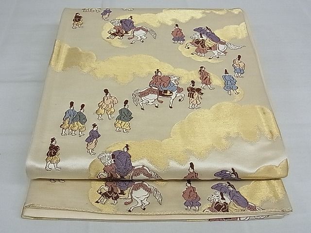 平和屋-こころ店◎六通柄袋帯　唐織　人物文　馬　金糸　正絹　逸品　AAAE2302Bfw_画像1