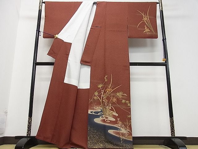 平和屋2■訪問着　駒刺繍　天目染　流水籬草花文　杜若　カキツバタ　沢瀉　オモダカ　金彩　反端付き　逸品　DAAC4420ea_画像2