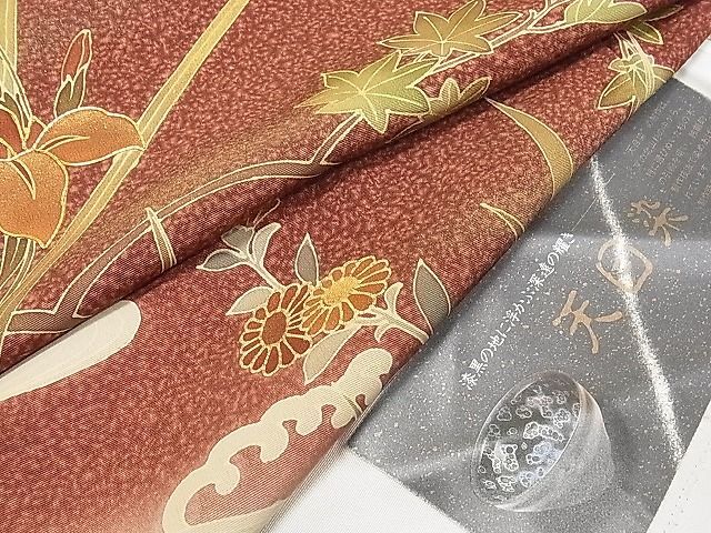 平和屋2■訪問着　駒刺繍　天目染　流水籬草花文　杜若　カキツバタ　沢瀉　オモダカ　金彩　反端付き　逸品　DAAC4420ea_画像5