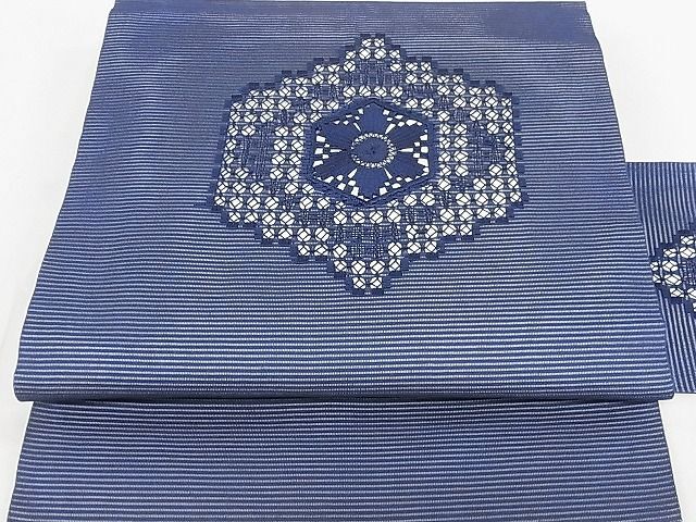 平和屋2■夏物　九寸名古屋帯　刺繍　菱花文　濃藍色　逸品　DAAC4267ea_画像1