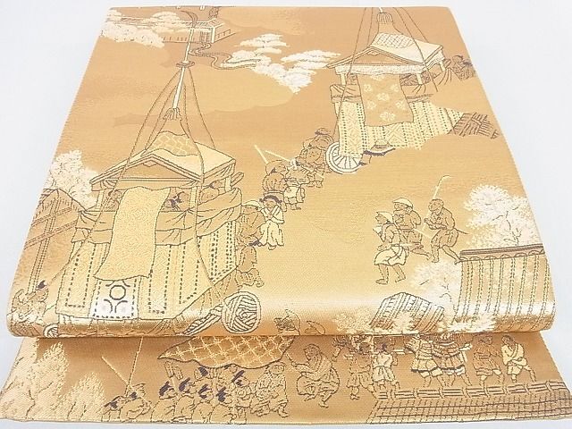 平和屋2■全通全景柄袋帯　山車　人物風景文　金糸　逸品　DAAD2171az_画像1