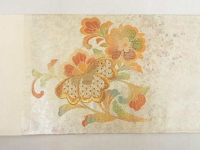 平和屋-こころ店◎中国三大刺繍　スワトウ刺繍　汕頭刺繍　九寸名古屋帯　草花文　金糸　引箔　正絹　逸品　AAAF7127Asg_画像4