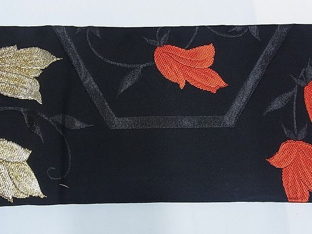 平和屋-こころ店◎九寸名古屋帯 綿繍帯　枝花文　黒地　金糸　正絹　逸品　AAAE5872Bey_画像5