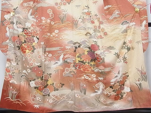  flat peace shop - here . shop # gorgeous long-sleeved kimono piece embroidery group crane flower writing .. dyeing gold paint silk excellent article AAAE5020Agk