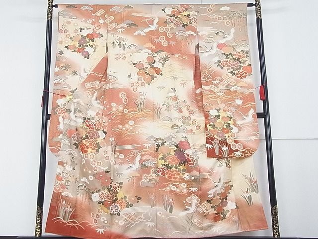  flat peace shop - here . shop # gorgeous long-sleeved kimono piece embroidery group crane flower writing .. dyeing gold paint silk excellent article AAAE5020Agk